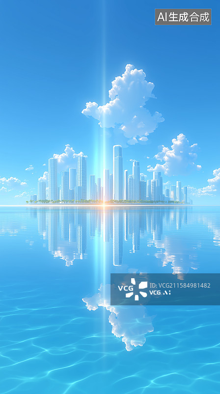【AI数字艺术】未来城市天际线与水面倒影图片素材