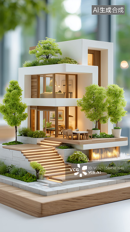 【AI数字艺术】现代绿色建筑模型展示图片素材
