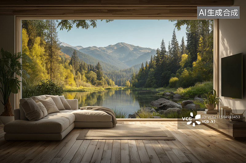 【AI数字艺术】现代客厅与开阔山水湖景图片素材