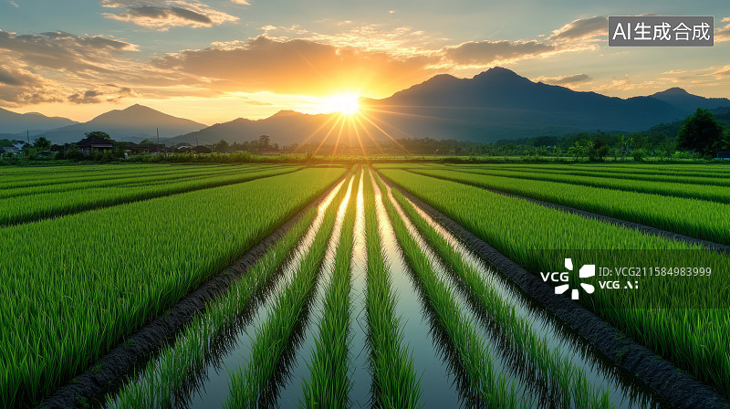 【AI数字艺术】日落黄昏下绿色稻田生态景观图片素材