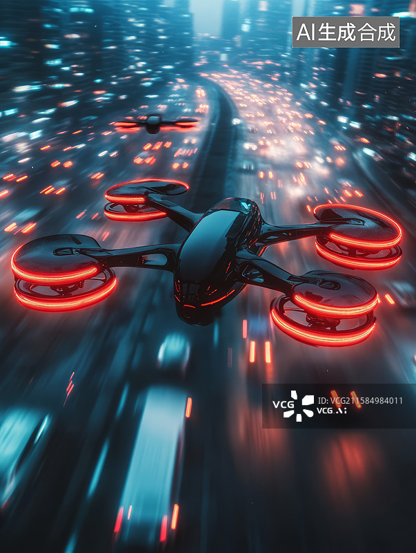 【AI数字艺术】无人机在城市道路中快速穿梭，低空经济概念图片素材