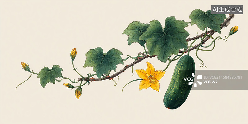 【AI数字艺术】带有绿叶黄花的黄瓜植株枝条图片素材