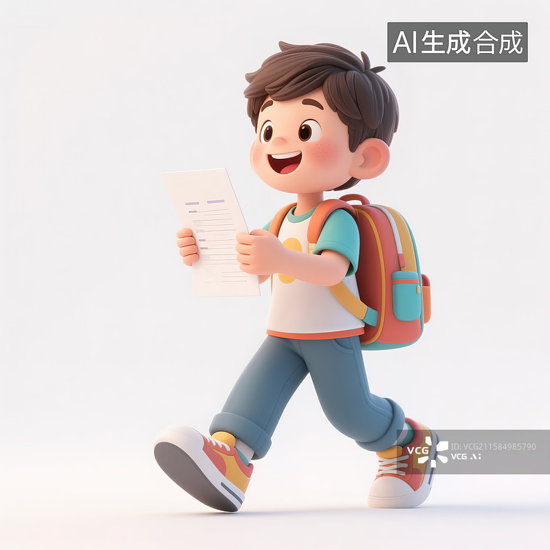 【AI数字艺术】一个拿着成绩单十分高兴的男孩3d插画图片素材