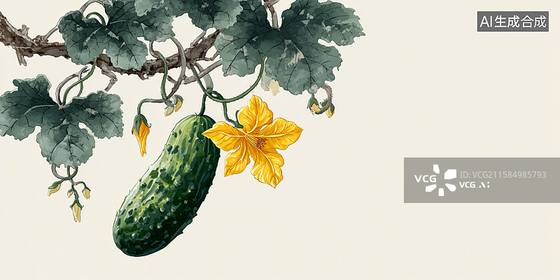 【AI数字艺术】带有绿叶黄花的黄瓜植株枝条图片素材