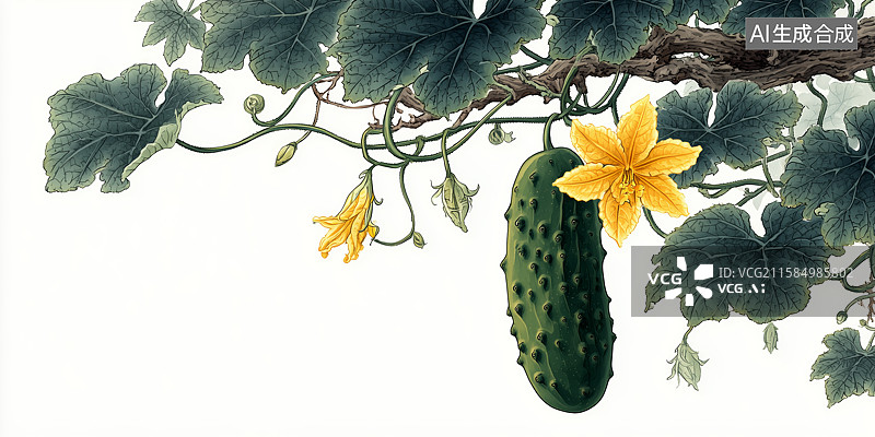 【AI数字艺术】带有绿叶黄花的黄瓜植株枝条图片素材