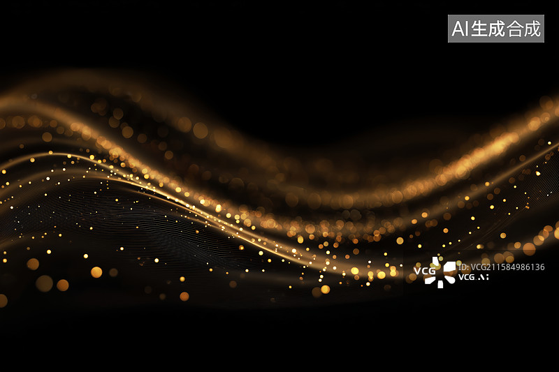 【AI数字艺术】黑色背景上金色抽象波浪与闪光粒子图片素材