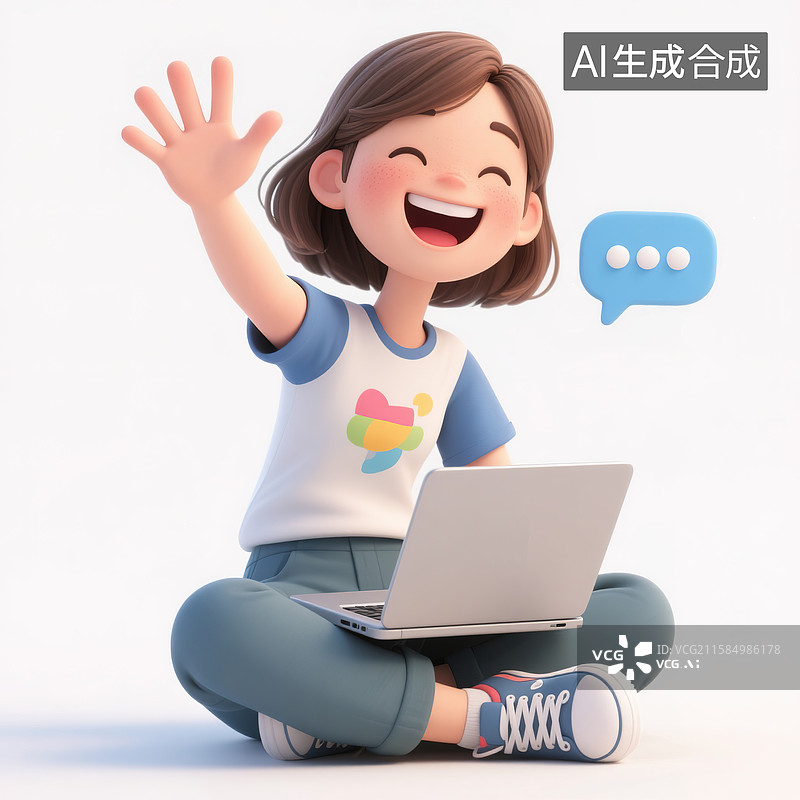 【AI数字艺术】用电脑在线交流女孩3d插画图片素材