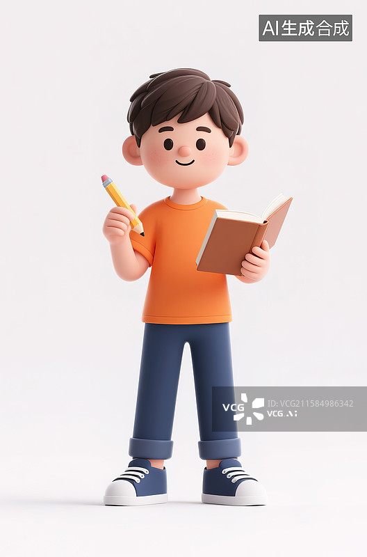 【AI数字艺术】用纸和笔做笔记的男孩3d插画图片素材
