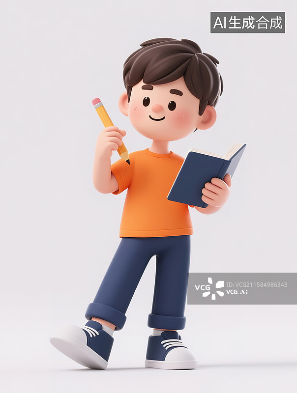 【AI数字艺术】用纸和笔做笔记的男孩3d插画图片素材