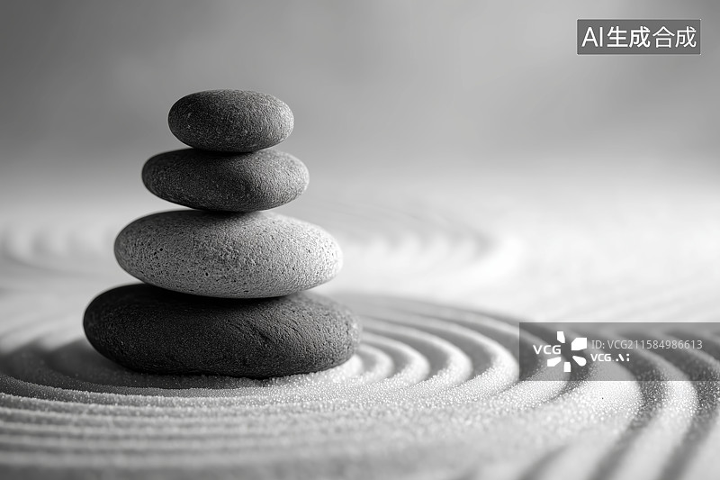 【AI数字艺术】日式枯山水庭院叠石与沙纹图片素材