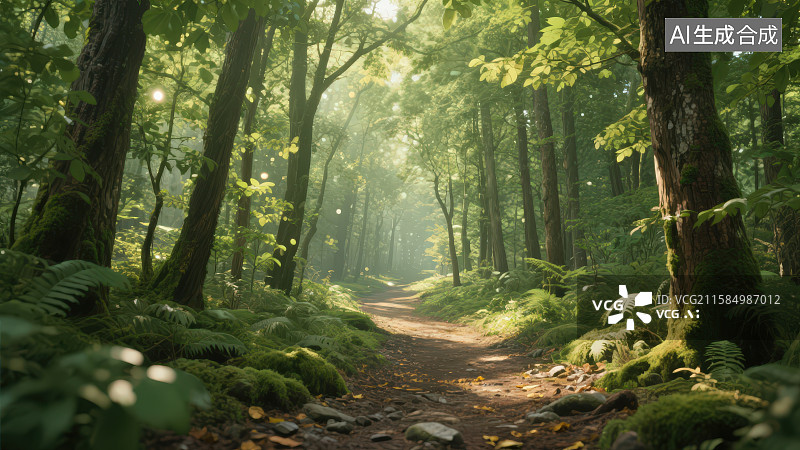 【AI数字艺术】阳光透过树叶缝隙照射在一片茂密的绿色森林中间有一条蜿蜒的小径图片素材