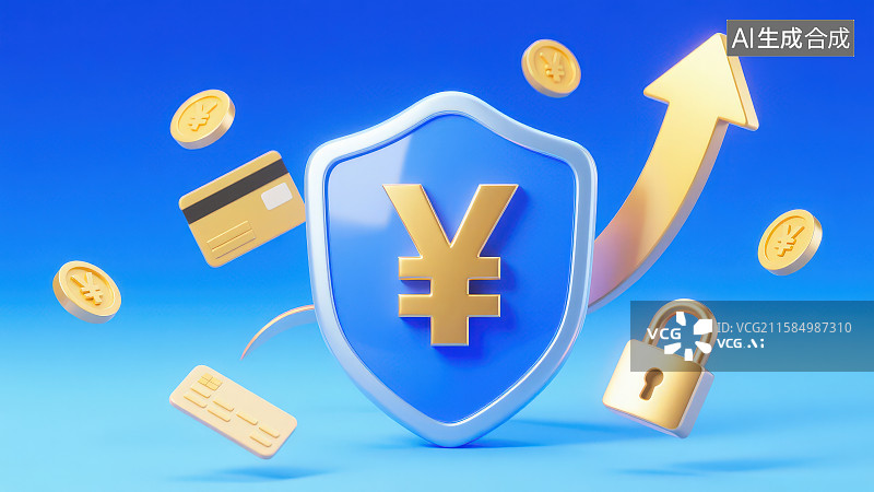 【AI数字艺术】一个带有金色人民币¥符号的蓝色盾牌周边环绕着箭头还有悬浮的金币锁头和银行卡图片素材