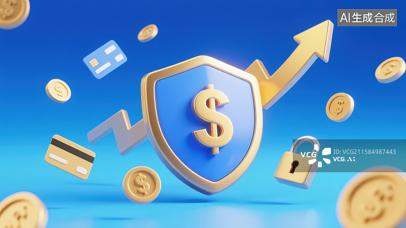 【AI数字艺术】一个带有金色人民币¥符号的蓝色盾牌周边环绕着箭头还有悬浮的金币锁头和银行卡图片素材