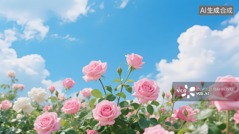 【AI数字艺术】蓝天白云下一片盛开的浪漫的粉色玫瑰图片素材
