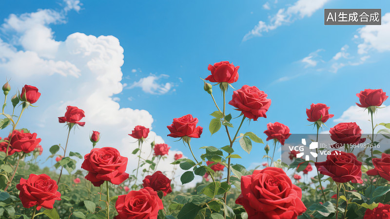 【AI数字艺术】蓝天白云下一片盛开的浪漫的红色玫瑰图片素材