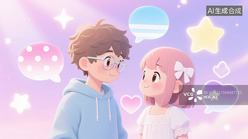 【AI数字艺术】男生和女生面对面在一起，七夕情人节海报插画背景图片素材