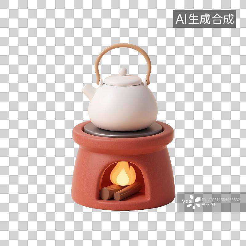 【AI数字艺术】3D渲染，潮汕工夫茶，红泥小火炉，围炉煮茶，烧水烹茶，茶文化，免抠元素图片素材