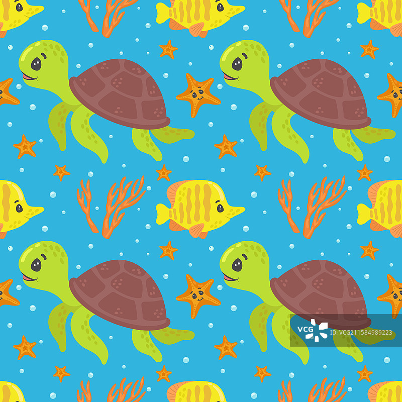 无缝海洋主题图案，包含海龟和鱼类图片素材