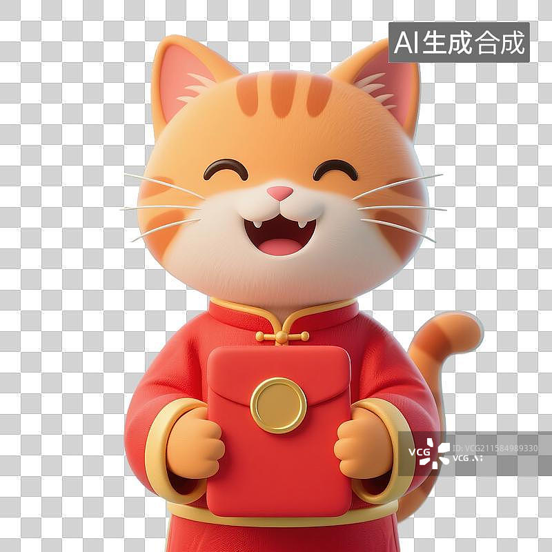 【AI数字艺术】3D渲染卡通动物，猫咪手中拿着红包，招财猫，购物节促销，优惠券，春节，新年，拜年，免抠元素图片素材