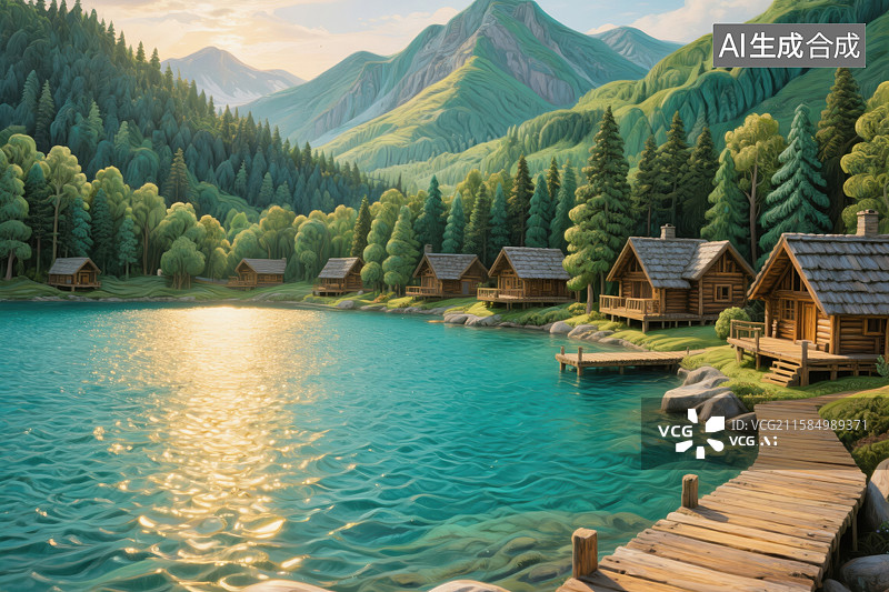 【AI数字艺术】湖畔林居：落日漫染的童话秘境图片素材