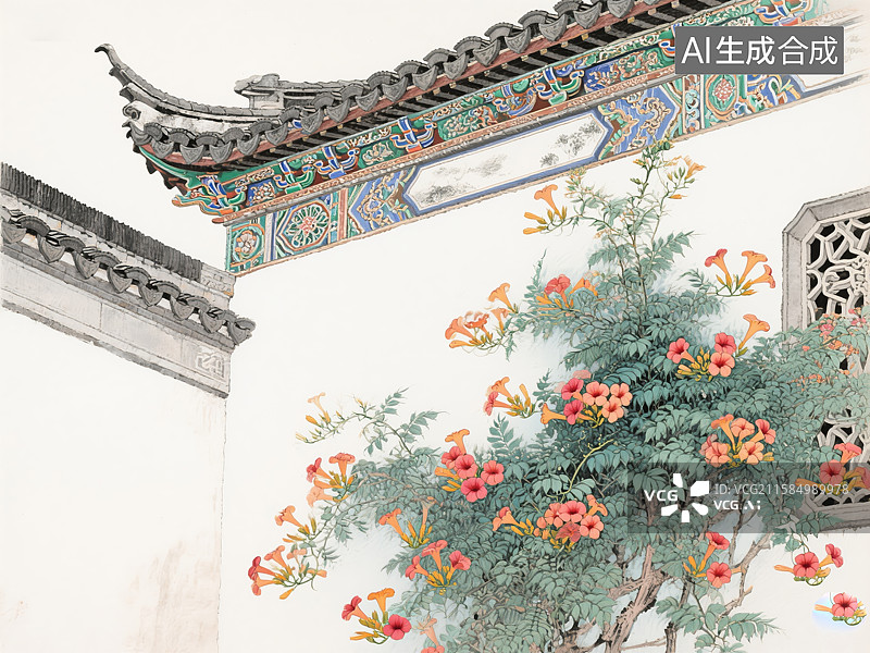【AI数字艺术】古建筑墙角的繁花图片素材