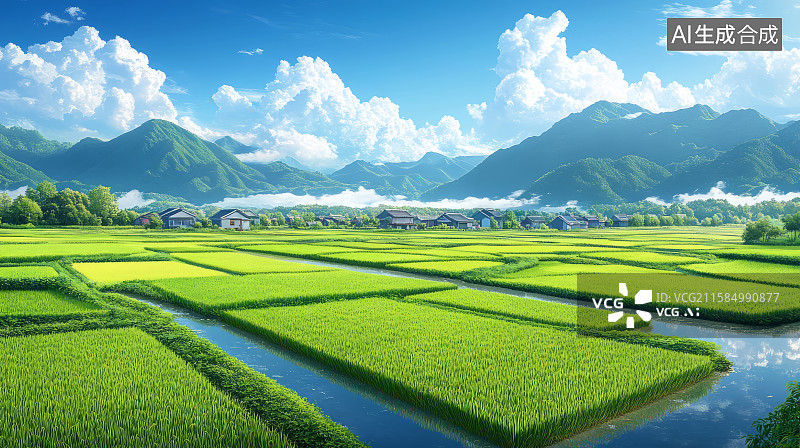 【AI数字艺术】航拍农村户外绿色稻田自然风景，乡村振兴概念图片素材