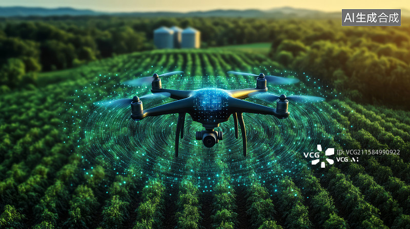 【AI数字艺术】在农田耕地上方进行数据测绘的智能无人机，智慧农业概念图片素材