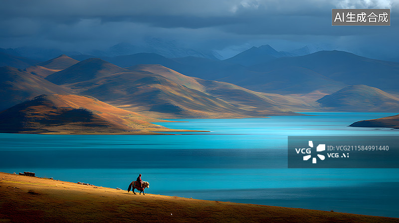 【AI数字艺术】高原湖泊与骑马者图片素材