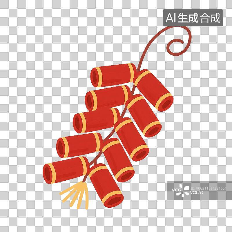 【AI数字艺术】中国风手绘插画，鞭炮，炮仗，一串鞭炮，春节，新年，庆祝传统节日，免抠元素图片素材