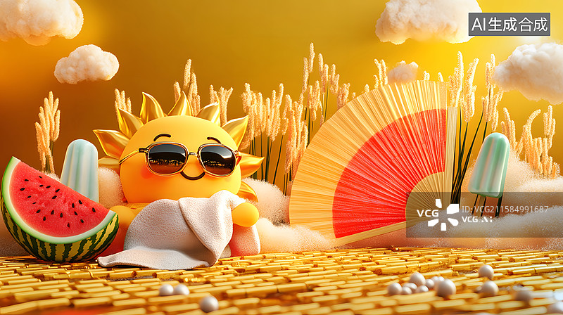 【AI数字艺术】卡通太阳和夏季元素图片素材