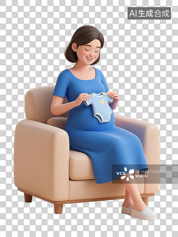 【AI数字艺术】3D渲染卡通人物，一个孕妇坐在沙发，手里拿着婴儿的衣服，怀孕，孕育，女性，母婴，妇科，产科，免抠元素图片素材
