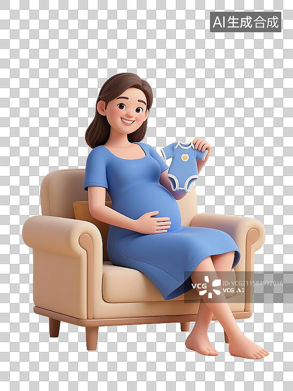 【AI数字艺术】3D渲染卡通人物，一个孕妇坐在沙发，手里拿着婴儿的衣服，怀孕，孕育，女性，母婴，妇科，产科，免抠元素图片素材