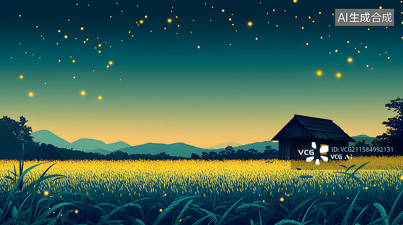 【AI数字艺术】夜空中萤火虫环绕的小屋图片素材