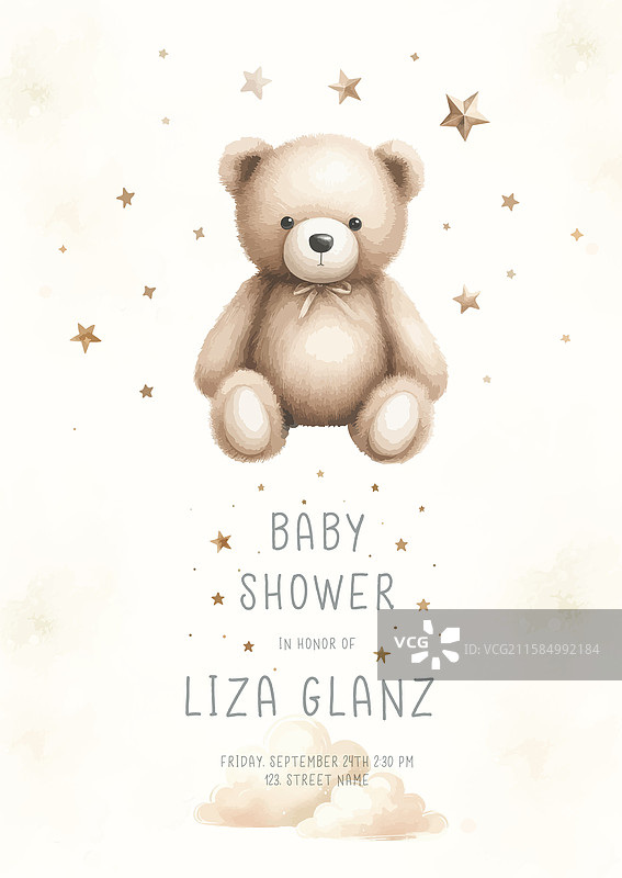 可爱的婴儿洗礼水彩邀请卡图片素材