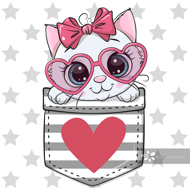 带眼镜的卡通小猫在条纹口袋里图片素材