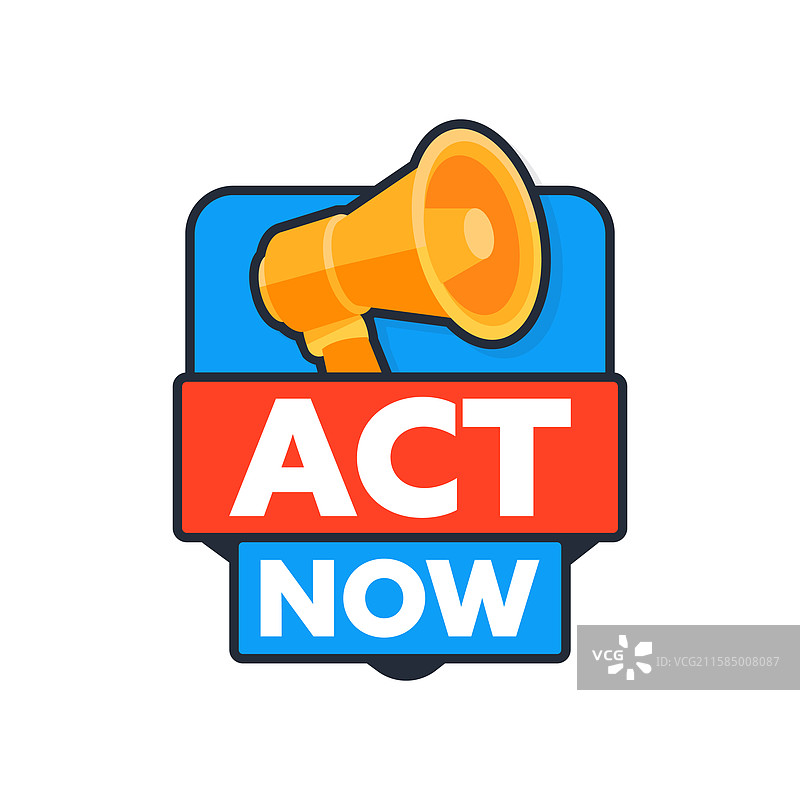 红蓝色标志上的扩音器宣布立即行动图片素材