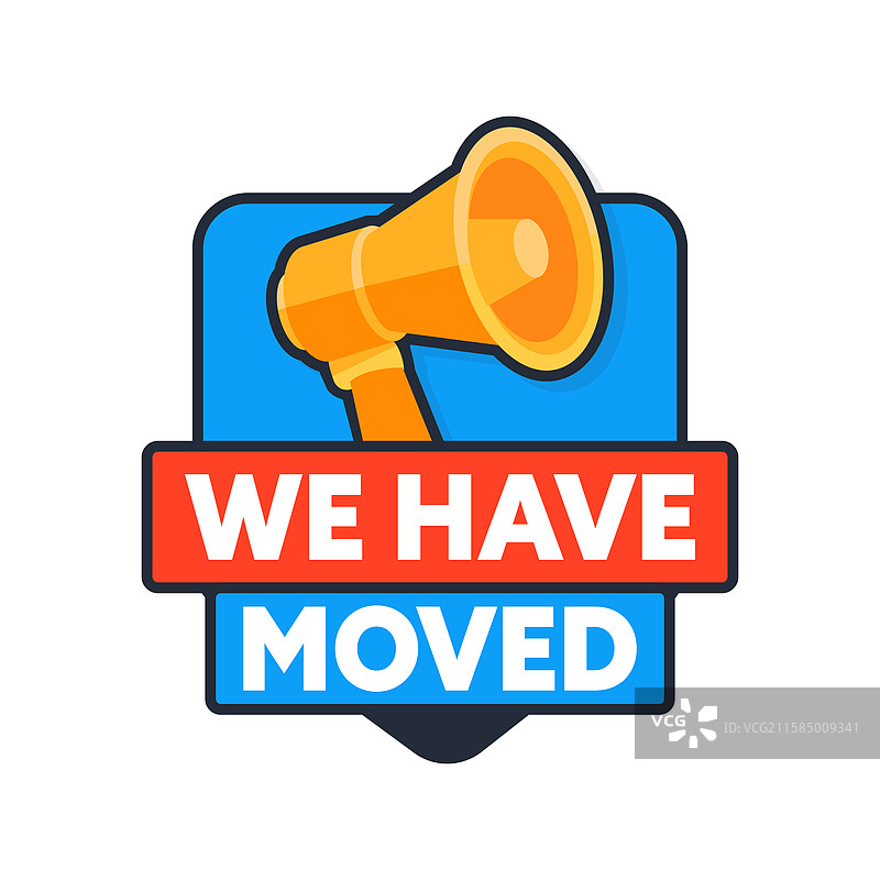 扩音器宣布我们已搬家，带有徽章图片素材