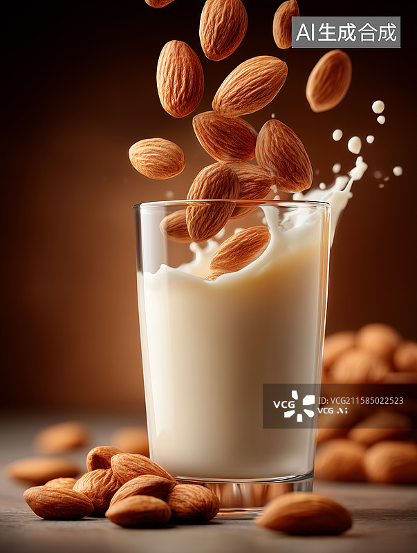 【AI数字艺术】飞溅的牛奶与巴旦木坚果图片素材