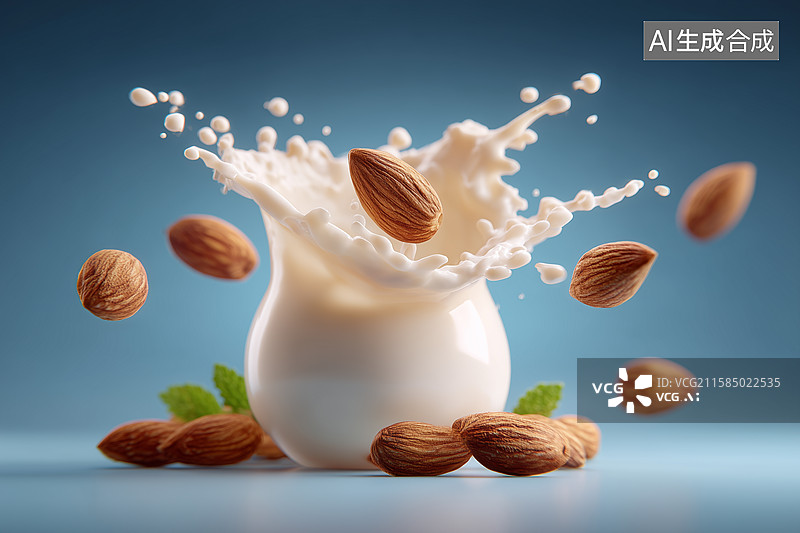 【AI数字艺术】飞溅的牛奶与巴旦木坚果图片素材