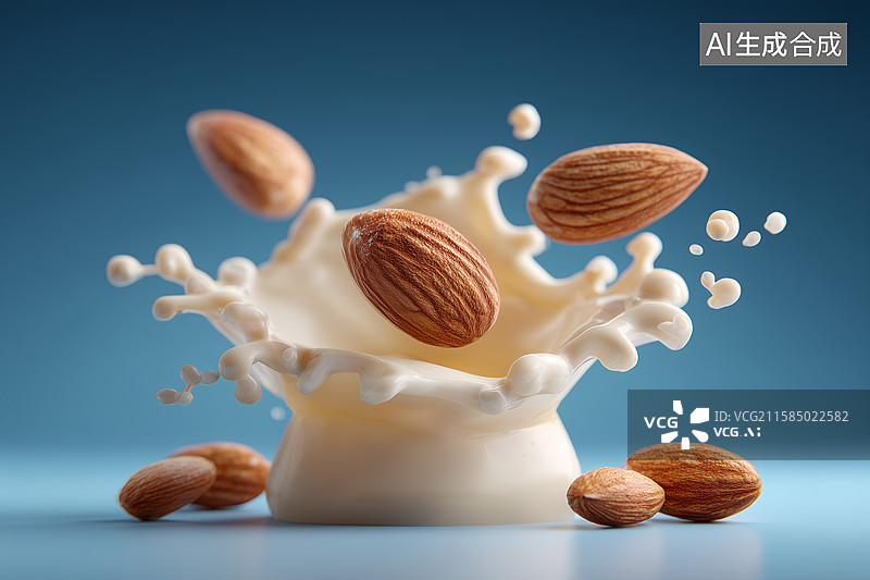 【AI数字艺术】飞溅的牛奶与巴旦木坚果图片素材