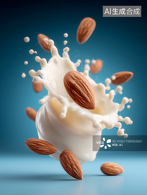 【AI数字艺术】飞溅的牛奶与巴旦木坚果图片素材