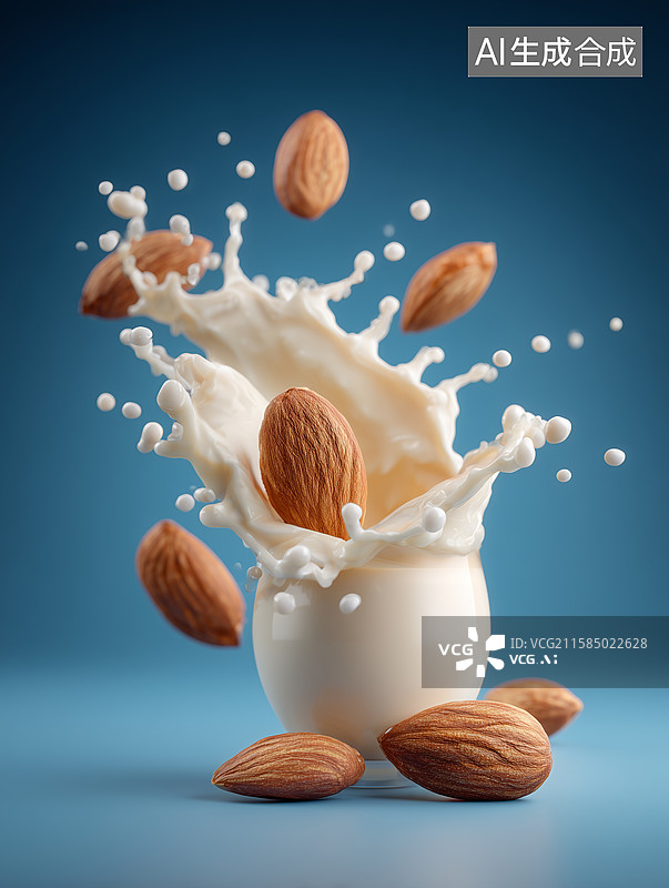 【AI数字艺术】飞溅的牛奶与巴旦木坚果图片素材
