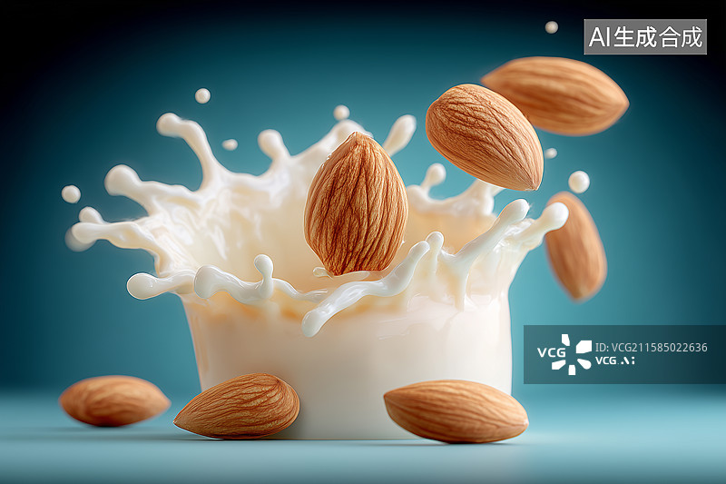 【AI数字艺术】飞溅的牛奶与巴旦木坚果图片素材