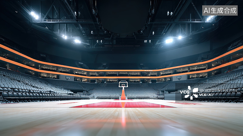 【AI数字艺术】灯光背景下的空旷室内篮球场体育场馆插画图片素材
