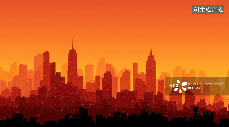【AI数字艺术】橙色都市：现代城市的温暖剪影图片素材