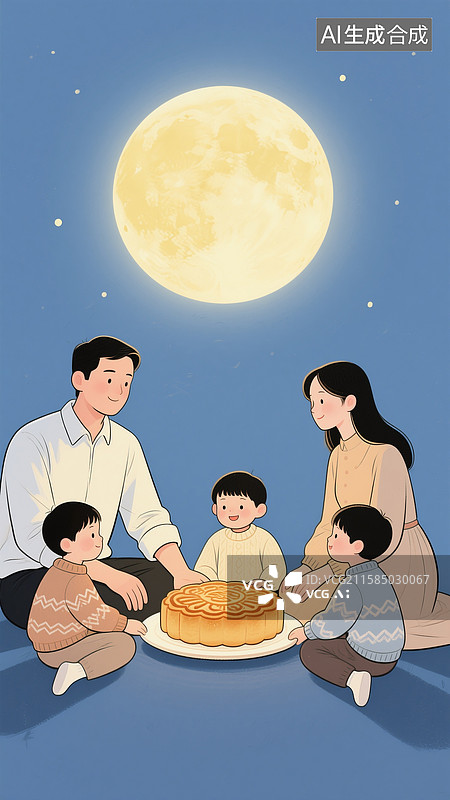【AI数字艺术】中国传统节日中秋节，年轻的父母和孩子一起团聚，吃月饼赏月图片素材