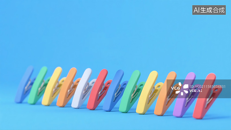 【AI数字艺术】彩色3D插画蓝色背景上一排鲜艳鲨鱼夹子办公用品创意抽象商业设计独特趣味性和吸引力的商务组织生产力工具图片素材