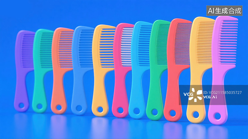 【AI数字艺术】一排多彩3D梳子系列日常百货美容和生活方式抽象商业蓝色背景护发活动、美发沙龙营销和美容产品广告图片素材