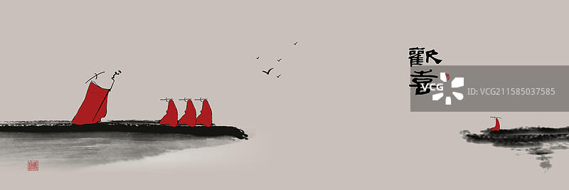 新中式米色禅意山水水墨画图片素材