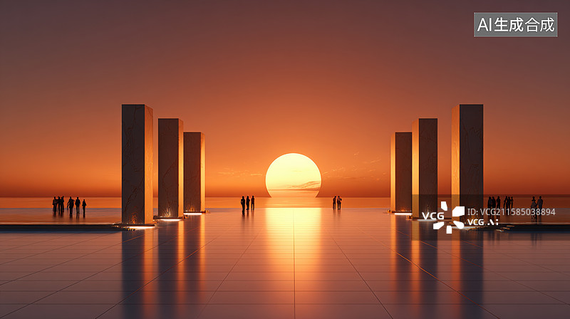 【AI数字艺术】落日景观，建筑与人影图片素材